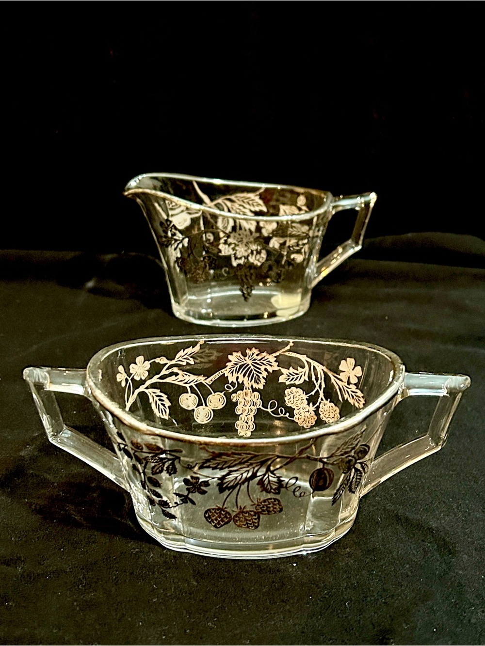 Vtg Silver City Glass Creamer Sugar Set Sterling Silver Berries Overlay